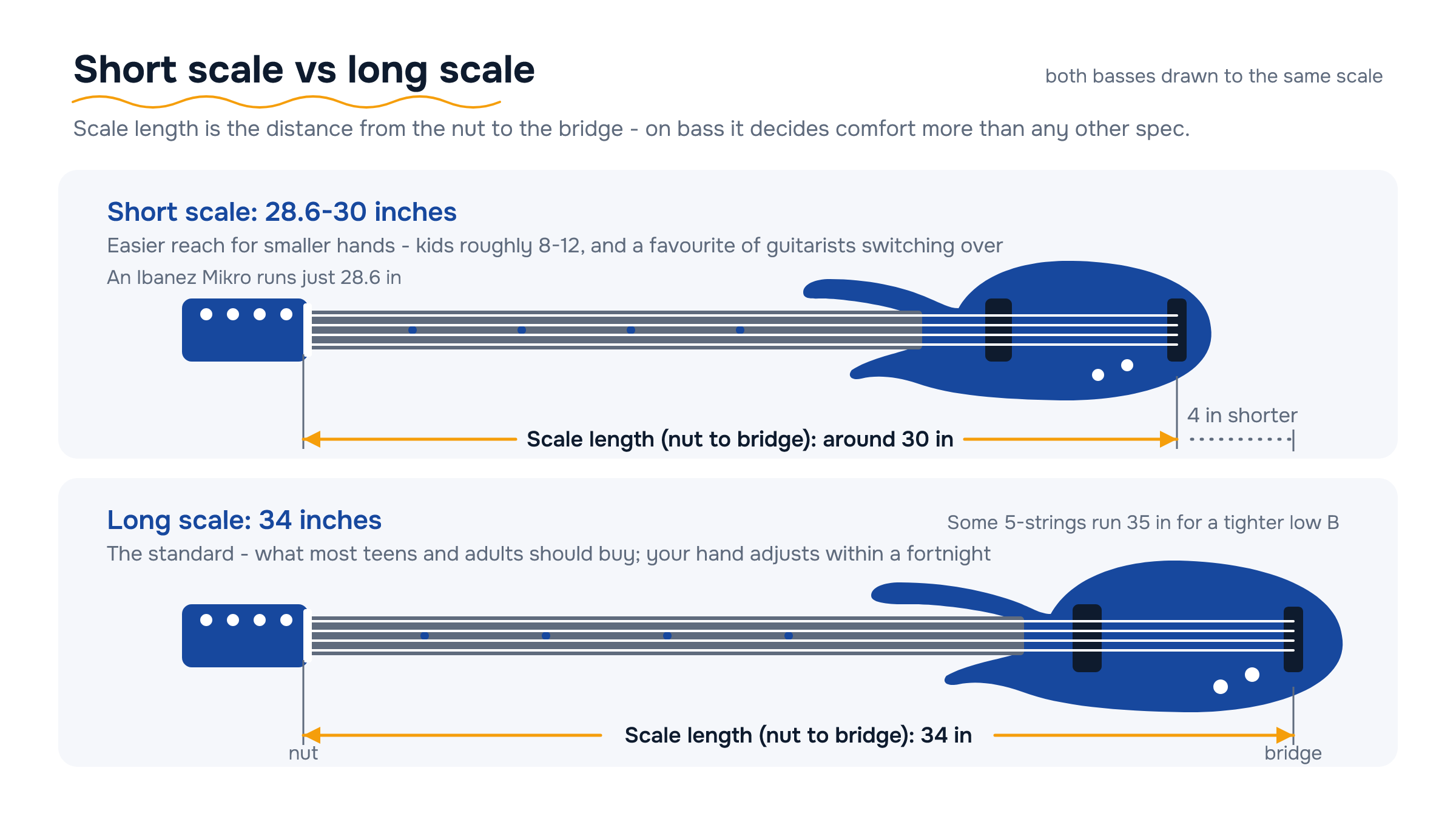 Two four-string basses drawn to the same scale: a short-scale bass around 30 inches and a standard 34 inch long scale, nut to bridge.