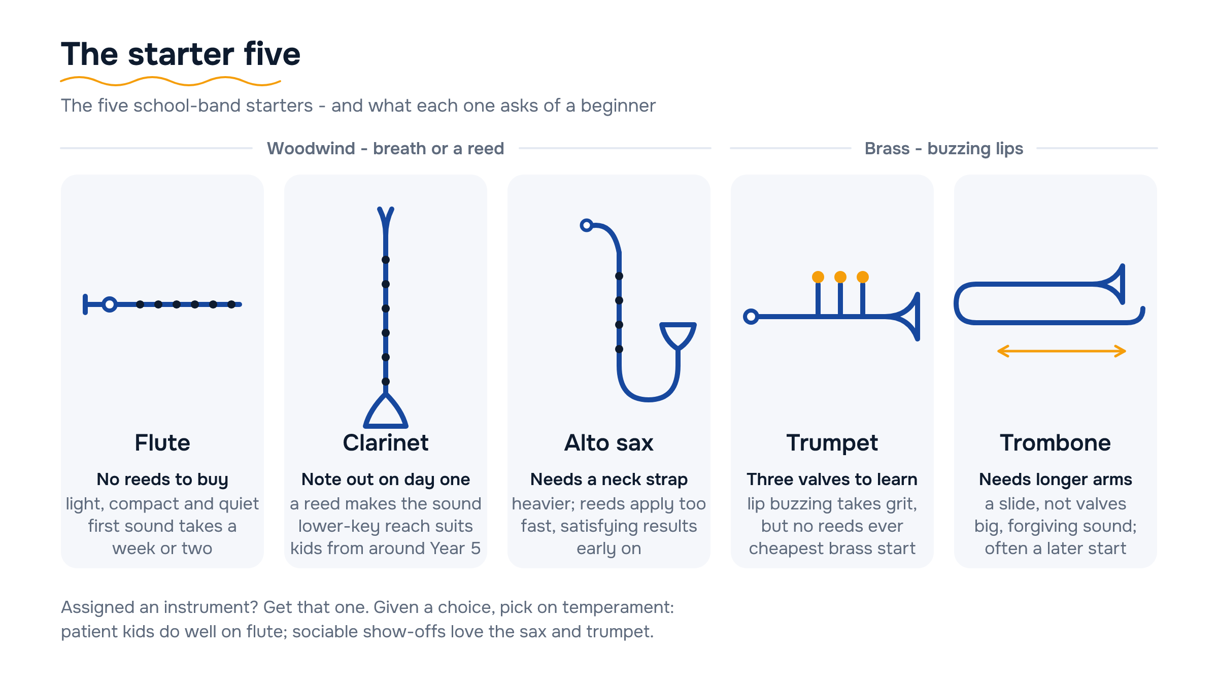 Lineup of five simplified silhouettes - flute, clarinet, alto sax, trumpet and trombone - with what each asks of a beginner.