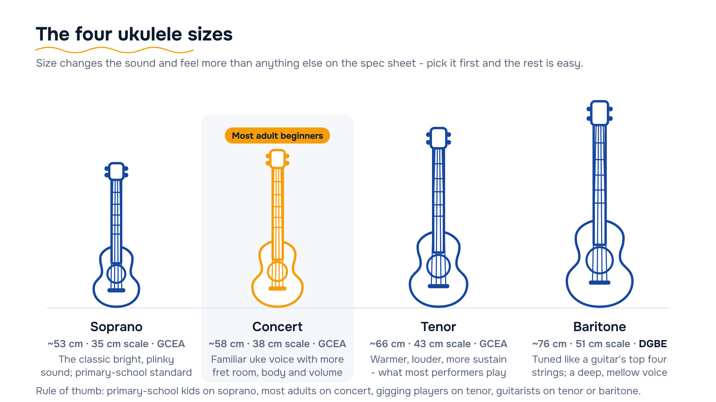 Four ukulele silhouettes from soprano (~53 cm) to baritone (~76 cm), with concert highlighted as the pick for most adult beginners.