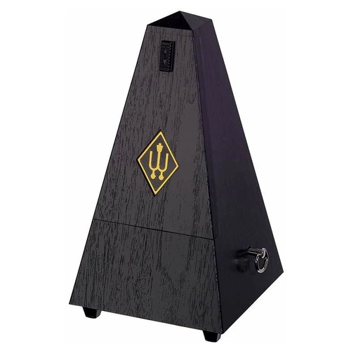 Wittner Black Plastic Metronome with Bell, Pyramid Style, Woodgrain Finish, Made in Germany, Model 855161