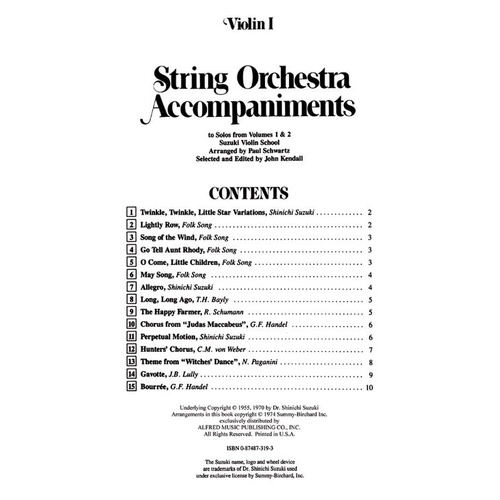 String Orchestra Accompaniments to Solos from Suzuki Volumes 1 & 2 - Violin 1 Book 0319