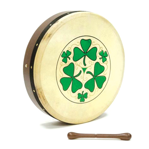 14" (35cm) Non Tunable Bodhran Drum with Shamrock Design, Natural Vellum, Made in Pakistan