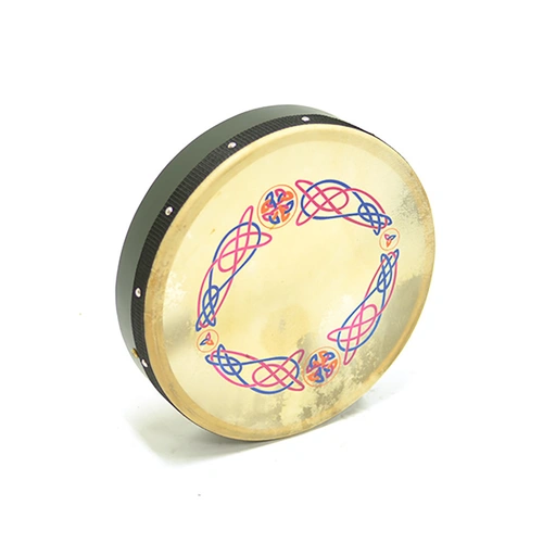 14" Non Tunable Bodhran with Knotwork Emblem - Natural Leather Skin - Made in Pakistan