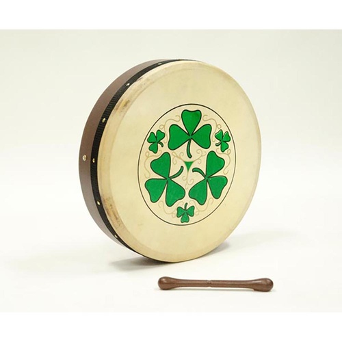 Tunable 16" Bodhran with Shamrock Emblem - Natural Leather Skin, Internal Tuning Lugs, Made in Pakistan