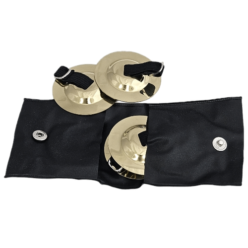 Brass Finger Cymbals Set - 2 Pairs, 2" Diameter with Adjustable Elastic Holders in Polythene Wallet