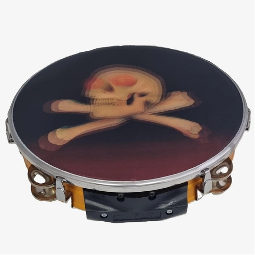 10" Tambourine with Skull & Cross Bones Design, 12 Jingles, Aluminum Frame - Red, Blue, or Gold