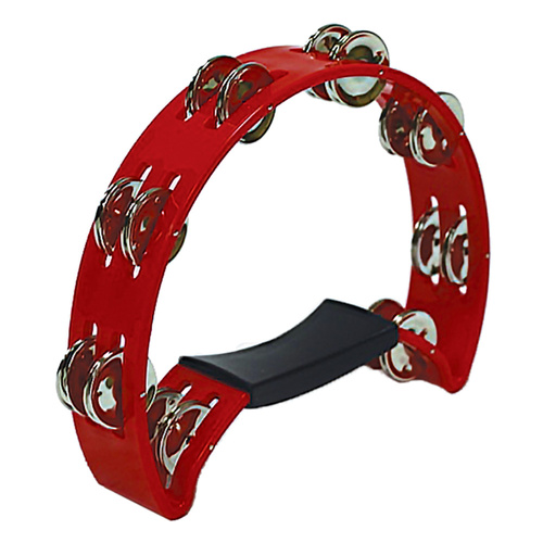 Red Half Moon Tambourine with Padded Grip and 8 Double Jingles