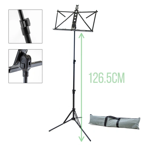 collapsible aluminium music stand black with carry bag - max height 151cm, weight 0.75kg
