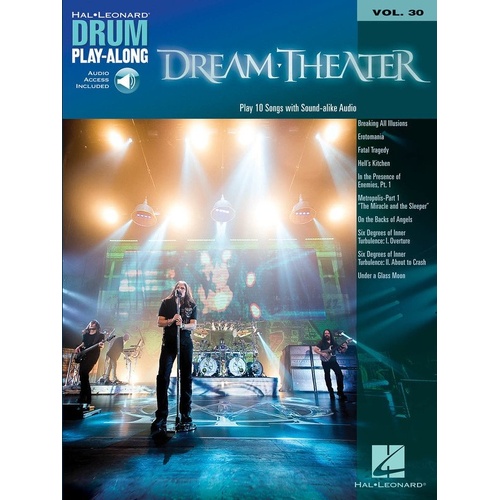 Dream Theater Drum Play-Along V30 BK/OLA by Hal Leonard, 120 Pages, Includes Audio Tracks, Multi-Functional Player, Songs Included