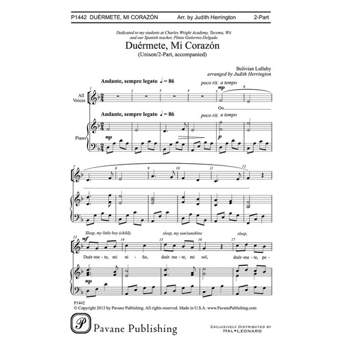 Duermete Mi Corazon Unison/2Pt (Octavo)