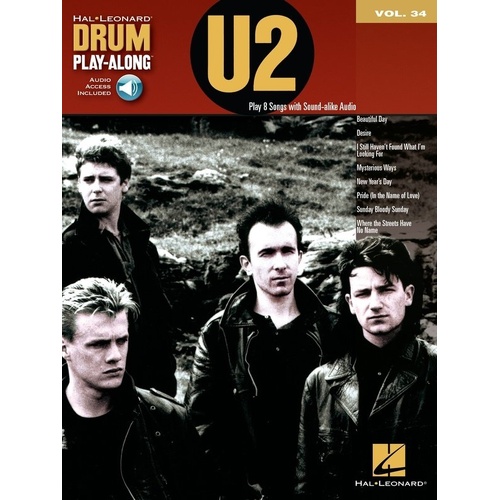 U2 Drum Play-Along V34 BK/OLA by Hal Leonard - 8 Songs for Drums, Includes CD and Notation, 48 Pages