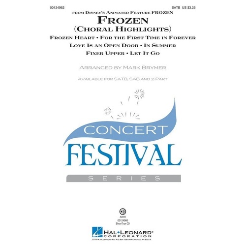 Frozen Choral Highlights ShowTrax CD by Mark Brymer, Hal Leonard, 9-minute medley featuring popular songs from Disney's Frozen.