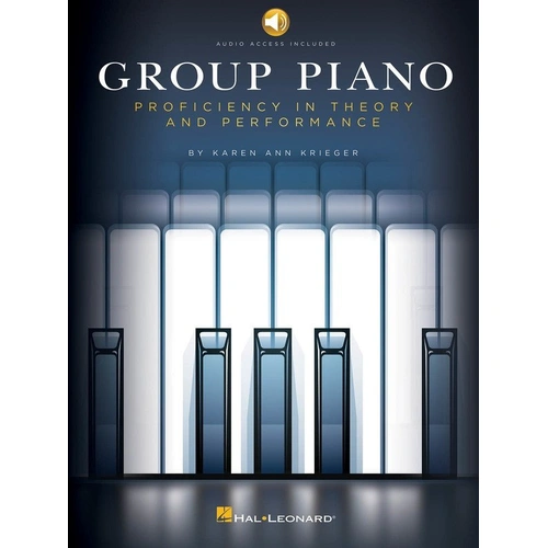Group Piano: Proficiency in Theory and Performance by Hal Leonard, 368 pages, spiral-comb bound, includes orchestrated accompaniments access.