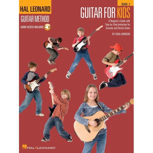 Guitar for Kids Book 2 by Hal Leonard, 32 pages, includes popular songs and online audio tracks for learning guitar.