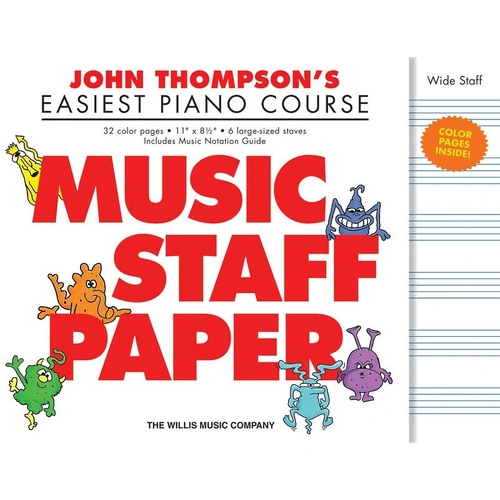 Easiest Piano Course - Music Staff Paper Pad with Colorful Creatures, 32 Pages, 11" x 8.5", Six Large Staves, Music Notation Guide