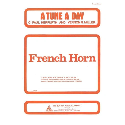 A Tune A Day French Horn Book 1 by C. Paul Herfurth, 50 pages, includes lessons, illustrations, fingering charts, and practice records.