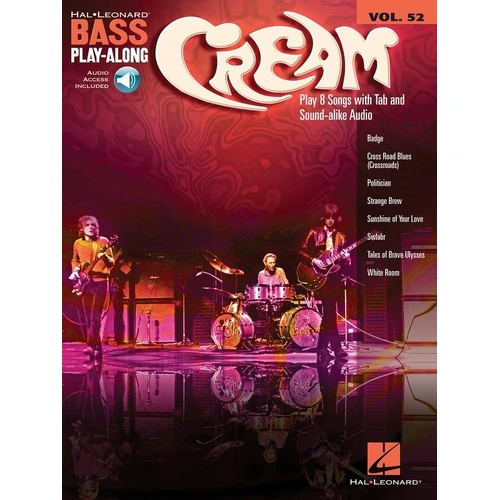 Cream Bass Play-Along V52 BK/OLA by Hal Leonard, 64 pages, includes audio access for popular songs and lyrics.