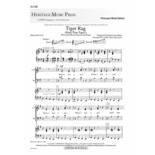 Tiger Rag 3 Part Mixed Arrangement Spevacek