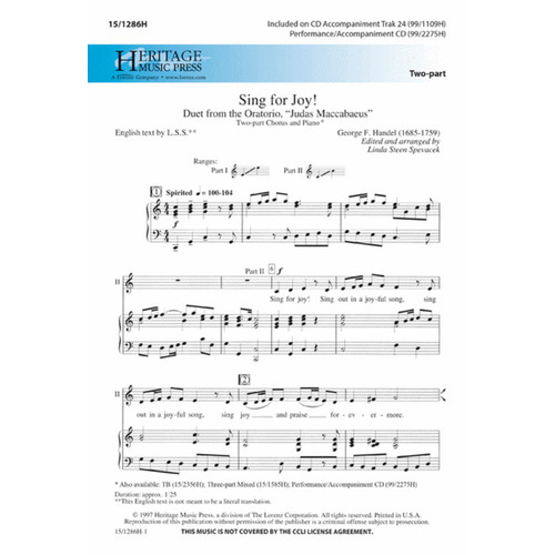 Sing For Joy Arr Spevacek 2 Part