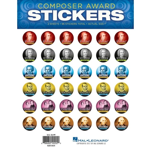 Composer Award Stickers - 96 Full-Color Stickers Featuring 8 Designs of Great Composers for Music Student Achievements