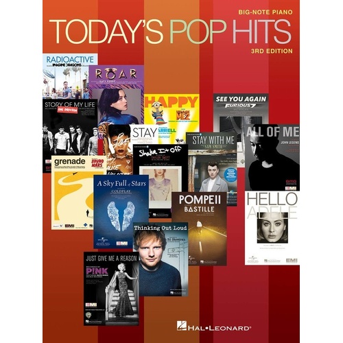 Today's Pop Hits Big Note Piano 3rd Edition by Hal Leonard, 80 pages, 15 songs including All of Me, Happy, Hello, and more.
