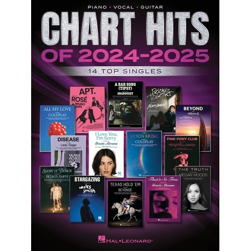 Chart Hits of 2024-2025 PVG Songbook by Hal Leonard, 96 Pages, Arranged for Piano, Voice & Guitar