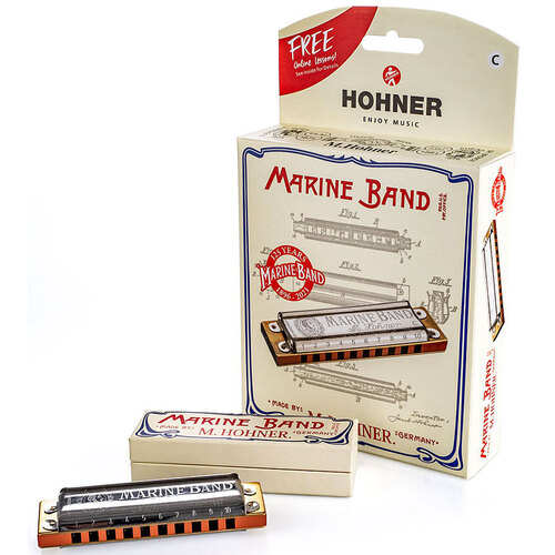 Hohner Marine Band 125th Anniversary Edition Harmonica Key of C, Diatonic, 10 Holes, Pearwood Comb, Vintage Box
