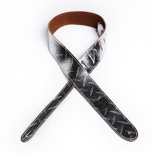 D'Addario 2 Inch Leather Embossed Guitar Strap Diamond Plate Design - Silver