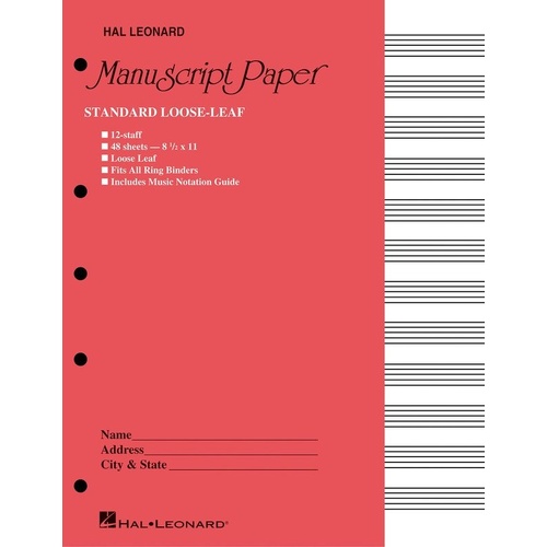Loose Leaf Manuscript Paper 48PP Pink 12 Stave 8.5" x 11" Punched for Binders