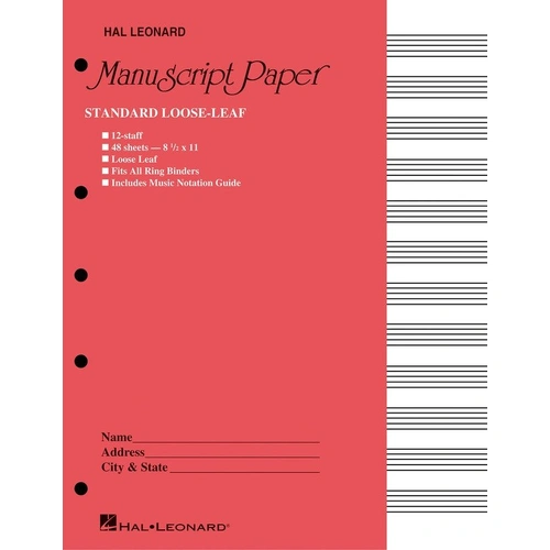 Standard Loose Leaf Manuscript Paper - Pink - 48 Pages, 12 Staves, 8.5" x 11", Punched for Binders, Hal Leonard