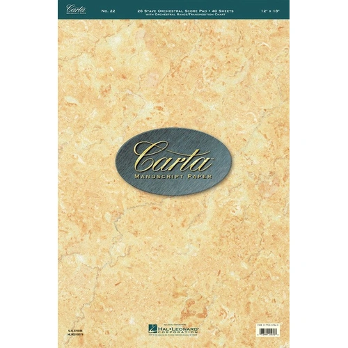 Carta Manuscript Paper No. 22, 40 Sheets, 26 Stave Orchestra Score Pad, 12x18, Includes Orchestral Range/Transposition Chart