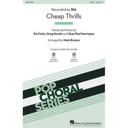 Cheap Thrills SAB Choral Sheet Music - Hal Leonard, 12 Pages, Pop Choral Series