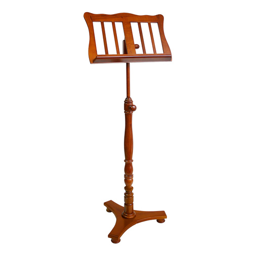 Wooden Music Stand with Low Base Vertical Slats - Walnut, Height Adjustable 84-118cm, Angle Adjustable Top, Solid Design