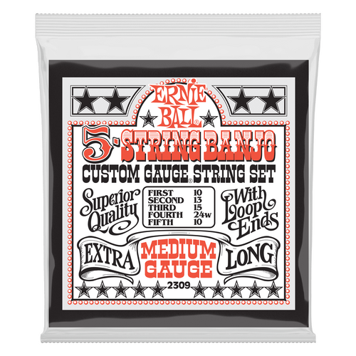 Ernie Ball Medium 5-String Loop End Stainless Steel Banjo Guitar Strings, 10-10 Gauge