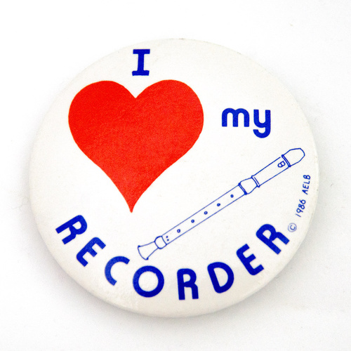 I Love My Recorder Badge 55mm Ø - White Circular Badge with Blue and Red Printing