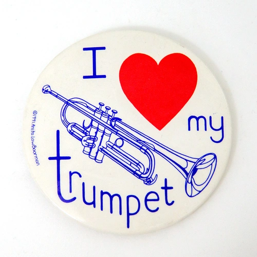 I Love My Trumpet Badge 55mm - Made in England - White Circular with Blue and Red Printing