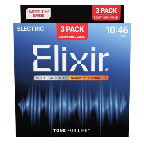 Elixir 16542 Electric Nano Light Guitar Strings 3 Pack .010-.046