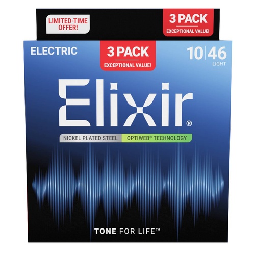 Elixir 16572 3 Pack Electric Guitar Strings Optiweb Coated Light 10-46 Nickel Plated Steel