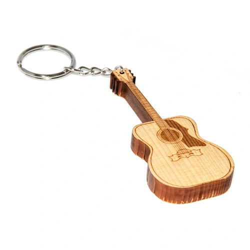 Wooden Western Guitar Key Chain with Steel Ring