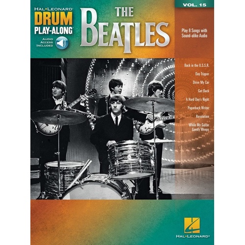 The Beatles Drum Play-Along V15 BK/OLA - Hal Leonard - 40 Pages - Includes Back in the U.S.S.R., Day Tripper, Drive My Car, & More