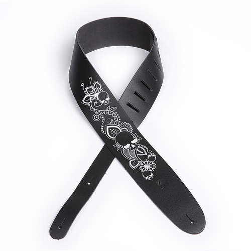 D'Addario 2.5 Inch Leather Screen Printed Skull & Flower Guitar Strap 