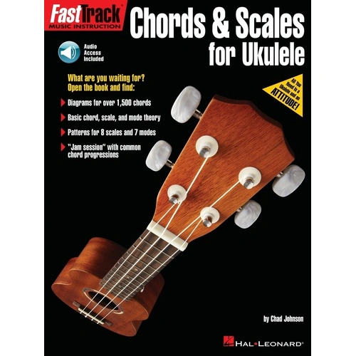 FastTrack Chords & Scales for Ukulele by Hal Leonard, 64 pages, includes 1500+ chords, 8 scales, 7 modes, and 20 chord progressions.