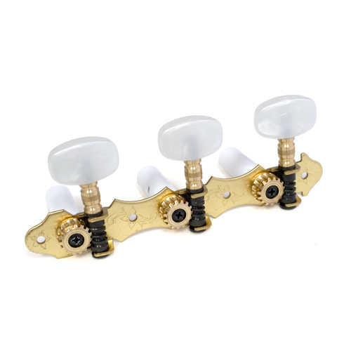 Van Gent 3/3 Classical Machine Heads on Hauser Plate - Brass with Pearl Buttons and Bone Rollers, 35mm Spacing, 1:15 Gear Ratio