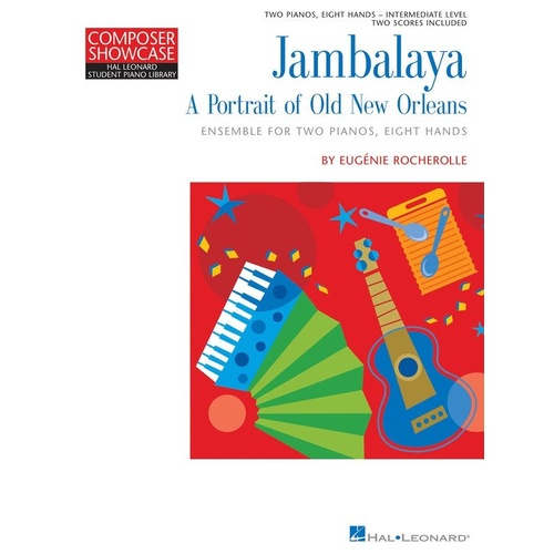 HLSPL Jambalaya Piano Duets for 2 Pianos 8 Hands, Level 5 Intermediate, 24 Pages, Hal Leonard Composer Showcase