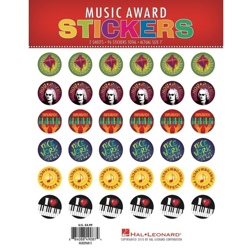 Hal Leonard Music Award Stickers for Piano Students - 96 Full-Color Stickers, 12 Designs