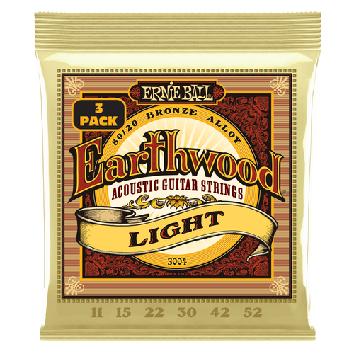 Ernie Ball Earthwood Light 80-20 Bronze Acoustic Guitar Strings 3-Pack, 11-52 Gauge