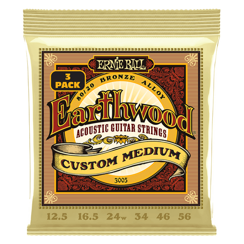 Ernie Ball Earthwood Custom Medium 80/20 Bronze Acoustic Guitar Strings 3-Pack 12.5-56