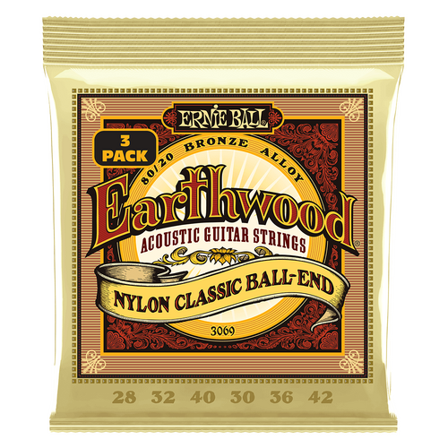 Ernie Ball Earthwood Folk Nylon, Clear and Gold w/Ball End, 80/20 Bronze Acoustic Guitar Strings 3-Pack 28-42