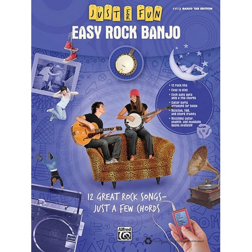 Just for Fun Easy Rock Banjo Book by Hal Leonard, 56 Pages, Simple Arrangements for Banjo with Guitar Parts, Includes Popular Songs