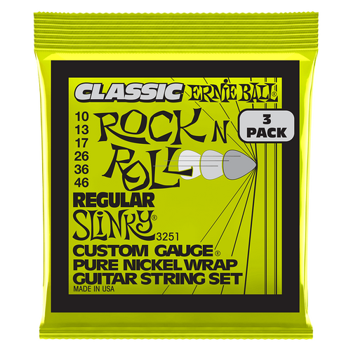 Ernie Ball Regular Slinky Classic RnR Pure Nickel Electric Guitar Strings 3-Pack 10 46